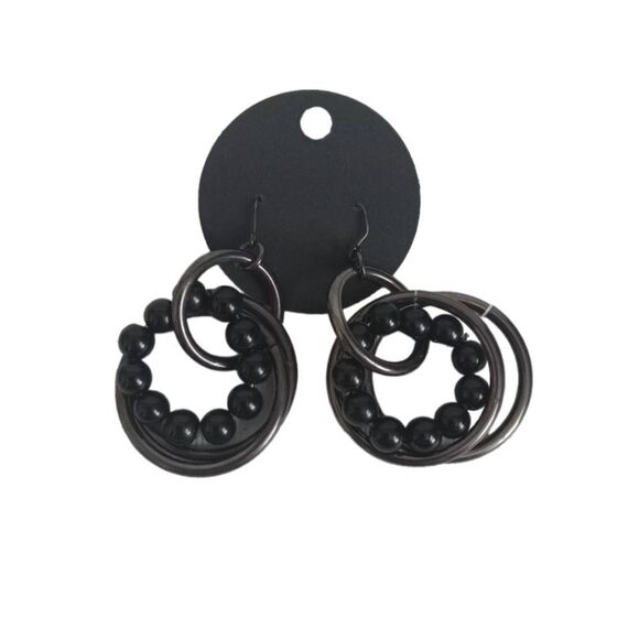Black & Gunmetal Gray Metal Beaded Interlocked Multiple Hoops Dangle Earrings - Picture 1 of 8